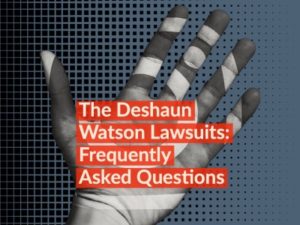 Text to article entitled The Deshaun Watson Lawsuits: Frequently Asked Questions. Photo shows a shadowed hand with an instagram logo on it.